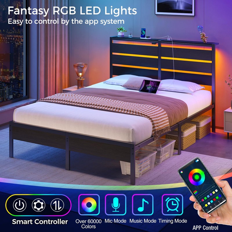 Rolanstar Bed Frame Full Size with USB Charging Station, LED