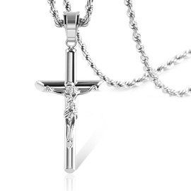 ALEXCRAFT Sterling Silver Plated Cross Necklace for Men Gold Plated Cross Necklaces for Women Trendy Stainless Steel Crucifix Pendant with 3mm 21inch Rope Chain, Stainless Steel, No Gemstone