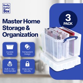 Really Useful Box 35 Liter Plastic Stackable Storage Container with XL Snap Lid & Built-In Clip Lock Handles for Home or Office Organization, 3 Pack