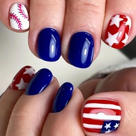 4th of July Press on Nails Square Short Fake Nails Blue Nails Press ons Independence Day False Nails with American Flag Star Designs Red Acrylic Nails White Stick on Nails for Women 24Pcs