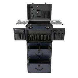 TITIDU Retro Blue Makeup Case Trolley with Combination Locks, 4 Universal Wheels & Large Capacity, PU & Metal Construction, for Hair Stylists, Makeup Artists, and Beauty Professionals