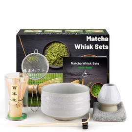 7 Pieces Japanese Matcha Ceremony Kit, Natural Bamboo Matcha Beater, Matcha Bowl, Bamboo Scoop, Strainer, Tea Towel, Whisk Holder, Complete Matcha Set, Bright White