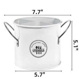 Noamus Vintage Farmhouse Utensil Holder, 4 Compartment Metal Silverware Cutlery Caddy with Removable Divider, Round Flatware Organizer with Handle for Kitchen Countertop, Fork Spoon Knife, White