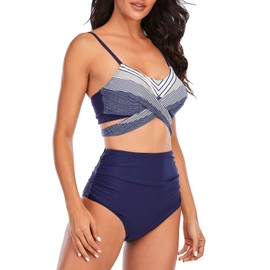 Trajes de baño de dos piezas para mujer, parte superior ajustable con espalda cruzada y tirantes laterales, Z White Blue, 6-8