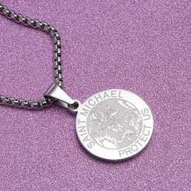 Wolentty Saint Michael Necklace - 1" Stainless Steel Round Religious St. Michael Medal Pendant Hanging with 24" Chain (Silver-plated)