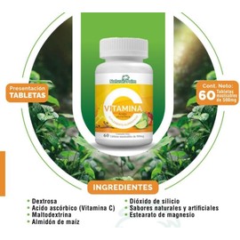 Genérico Vitamina C 500mg, Tabletas Masticables, 60 Tabletas, Suplemento Alimenticio para 30/60 Usos