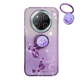 YUECXIN Glitter Case for Honor Magic 7 Lite 5G (Magic7 Lite)/X9c, Bling Shiny diamond Sparkle Design Women Girls Cover, Ultra Thin Shockproof Flowers Ring Stand Soft Transparent Case, Purple