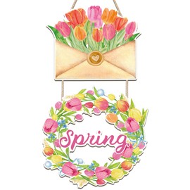 Ausril Spring Wreath for Home,Tulip Wall Decor,Spring Door Hanger,Easter Floral Wall Hanging Gift，Floral Flower Wreath Wood Plaque，Envelope Design For Entryway Living Room Farmhouse Decoration