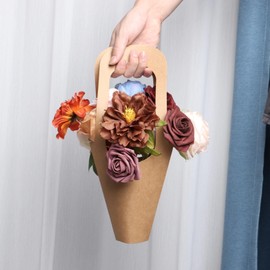 Epicover 50 Pcs Flower Present Bags, Kraft Paper Bouquet Bags, Paper Bouquet Holders with Sturdy Handles, Brown Flower Wrapping Bag for Fresh Flowers, Plants