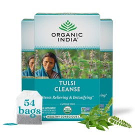 Organic India Tulsi Cleanse Herbal Tea - Holy Basil, Stress Relieving & Detoxifying, Immune Support, Adaptogen, Vegan, USDA Certified Organic, Non-GMO, Caffeine-Free - 18 Infusion Bags, 3 Pack