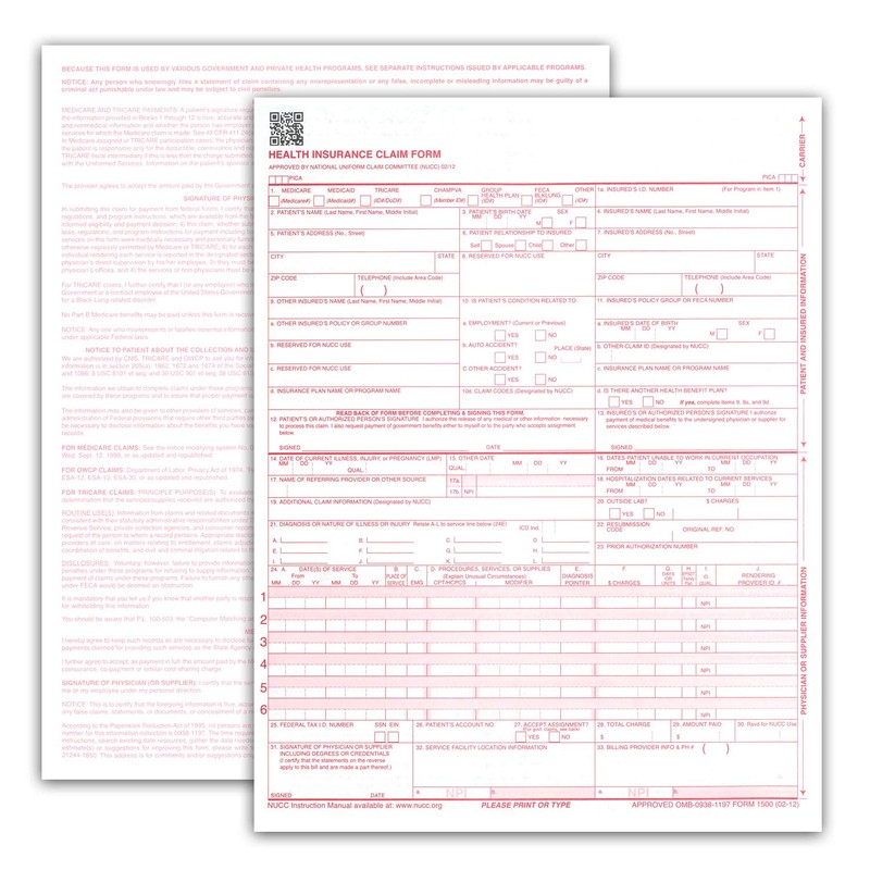 New CMS 1500 Claim Forms - HCFA (Version 02/12) 1000