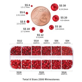 Beadsland 2500pcs Red Rhinestones, Flatback Gems Round Red Crystal Rhinestones for Crafts Mixed 8 Sizes SS4 ~ SS30 with Picking Tweezers and Pen (Red)