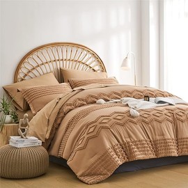 KAKIJUMN Khaki Tufted Comforter Set Queen Size 7 Piece Bed in a Bag, Shabby Chic Boho Comforter and Sheet Set, All Season Soft Microfiber Complete Bedding Set(Khaki,Queen)