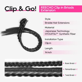 REECHO 6PCS Clip in Braid Hair Extensions for Women 14 Inch Clip in Braids Synthetic Braided Hairpieces for Daily Costume Party, Natural Black
