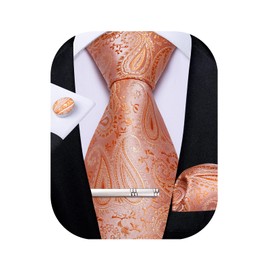 DiBanGu Paisley Ties for Men Silk Necktie and Pocket Square Cufflinks Tie Clip Set Woven Classic Mens Tie for Wedding Party, Coral Orange