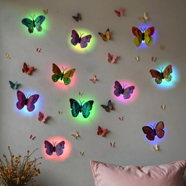Makevivi 3D Butterfly Wall Decor with Glowing Lights, Led Butterfly Lights with Stickers, Decorations for Bedroom, Wall, Party and Birthday (24Pcs)