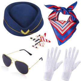 ZHUXILUDAO ​Flight attendant Hat Sunglasses scarf Gloves Brooch, Flight attendant Cosplay clothing accessories (Navy blue)