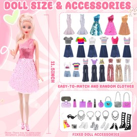 32 Piece Doll Clothing & Accessories Set, 11.5 Inch Doll Clothes Kit with Braces Tops Jeans Sequin Clothing Dresses Shoes Bags Necklace Accessories for Doll Toy Gift