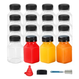 BPFY 48 Pack 4 oz Mini Plastic Juice Bottles with Caps Empty Clear Beverage Containers with Black Tamper Evident Lids, Brush, Funnel, Juicing Bottles for Milk, Smoothie and Other Beverages