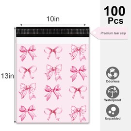 Whaline 100Pcs Pink Bow Poly Mailer Valentine's Day 10 x 13 Inch Watercolor Bowknot Mailing Bag Preppy Cute Bowtie Self-Sealing Plastic Packaging Envelope Bag For Small Business