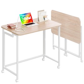 4NM 27.5" Mobile Small Rolling Computer Desk, Folding Laptop Cart Table with Wheels, Portable Office Desk for Small Space Couch Bed - Natural and White