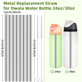 Metal Straws for Owala Water Bottle 24oz/32oz, 8Pcs 21cm Replacement Stainless Steel Straw with 2Pcs Cleaning Brush and 1 Travel Pouch, Accessories Compatible with Owala Freesip 24oz/32oz (NO Cup)