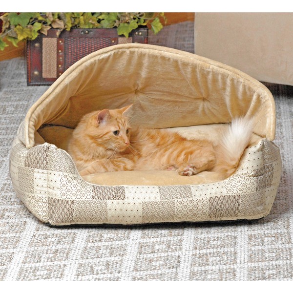 K&H Pet Products Hooded Lounge Sleeper Pet Bed Tan Patchwork Print 20 X 25 Inches