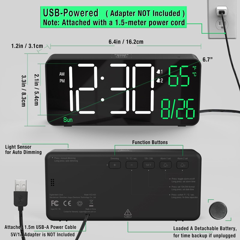 KOSUMOSU Digital LED Clock Alarm Clock Bedroom Table Clock 6.7