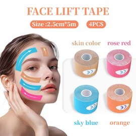 Pack of 4 Face Lifting Tape, 2.5 cm x 5 m Tape, Wrinkle Face, Lifting Tapes, Face, Multifunctional Face Tape, Facial Patches for Firming and Firming the Skin, Skin Colour Pink, Light Blue, Orange