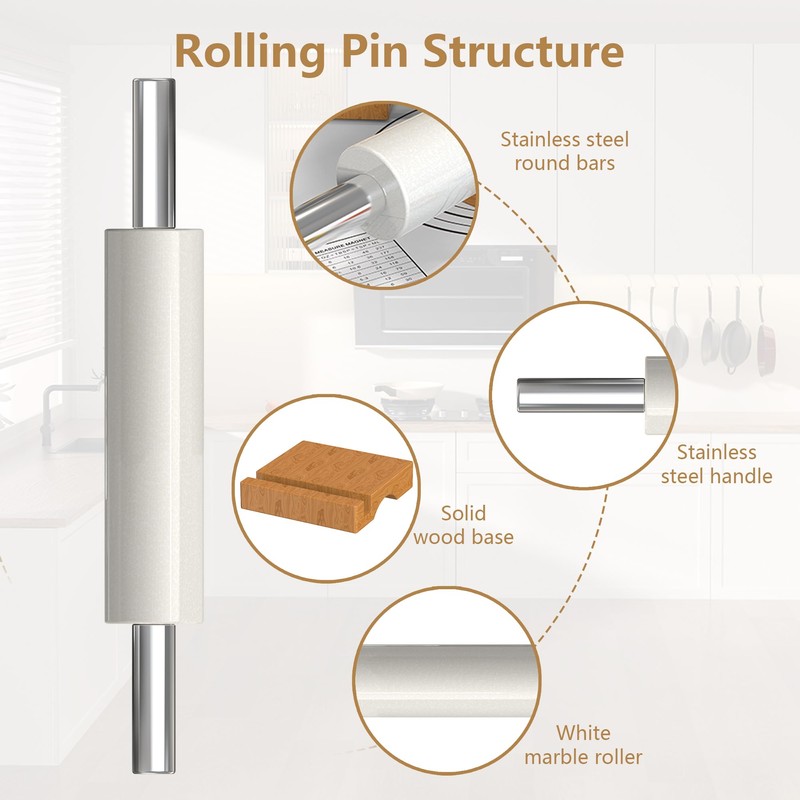 Mepple Marble Rolling Pin with Stainless Steel Handle for Fondant,
