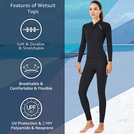EUPTE 2mm Wetsuits Women/Men Long Sleeve Jacket UPF50+ UV Protection Diving Skin Suit Top for Scuba Diving Snorkeling Surfing Swimming (women, L)