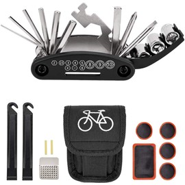 RabbitStorm Conjunto de Reparación de Bicicletas Bolsa, Múltiples Funciones 16 en 1 Kit Herramientas, Hexagonal Llave de Palanca de Parche de Neumáticos, Set de Herramientas para Bicicleta de Montaña