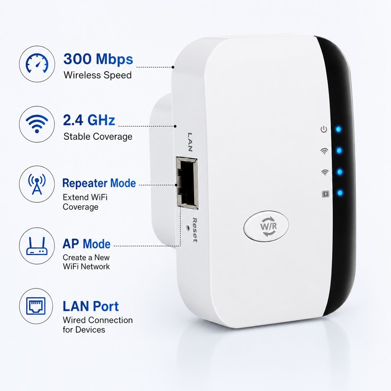 300Mbps WiFi Range Extender for Home – 2.4GHz Repeater with