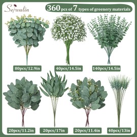 360 Pcs 7 Kinds Mixed Artificial Eucalyptus Greenery Stems Bulk