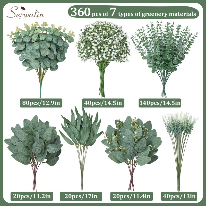 360 Pcs 7 Kinds Mixed Artificial Eucalyptus Greenery Stems Bulk