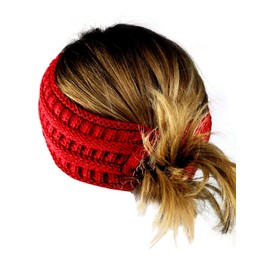 C.C Cable Knit Fuzzy Lined Ear Warmer Ponytail Pony Headband, Red