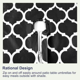 Hipinger Vinyl Round Fitted Tablecloth with Zipper and Umbrella Hole, Outdoor Oil Waterproof Stain Resisteant PVC Table Cover 40-44 Inch, Black Moroccan, Fitted 50" Round