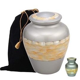 Aestheticurns Mother of Pearl Cremation Urn - Adult Cremation Urn - Funeral Urn for Ashes - Metal Cremation Urn for Adults with Velvet Bag and Keepsake (Silver)