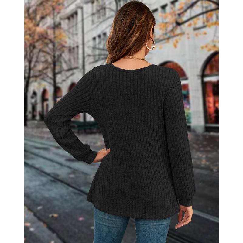 AUSELILY Lightweight Sweaters for Women Lantern Sleeve Henley Tshirt Fall