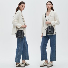 DORIS&JACKY Leather Drawstring Shoulder Bag Small 2 Way Bucket Crossbody Purse For Women (1-Black)