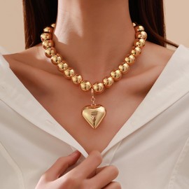 Gold Chunky Heart Necklace for Women Stocking Stuffers Pearl Necklace for Women Heart Pendant Choker Beaded Necklaces Chunky Gold Necklace Christmas Gifts for Women