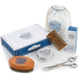 Monster&Son Premium 7-Item Beard Kit | Beard Oil, Beard Balm, Beard Brush, Beard Comb, Scissors, Canvas Travel Bag | Male Grooming Kit in Gift Box | Great Mens Birthday Gift | Father's Day
