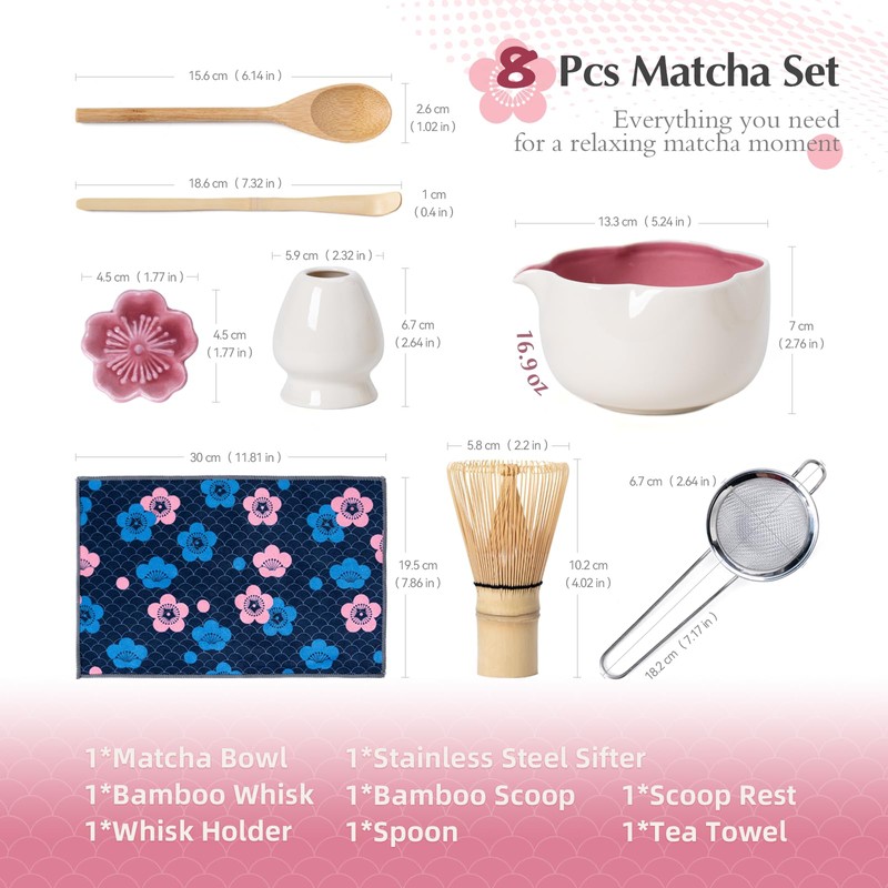 ChaseWind Matcha Whisk Set, 8Pcs Floral Ceramic Matcha Set with