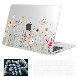 G JGOO Compatible with MacBook Air 15 inch Case 2025 2024 2023 Release M4 A3241 M3 A3114 M2 A2941, Clear Protective Plastic Hard Shell Case + Keyboard Cover + Screen Protector, Garden Flower