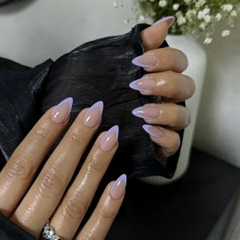 KQueenest 30 Pcs Lilac French Tip False Nails Short Medium Almond, French Tip False Nails Short Stiletto, Custom Thick Acrylic Fake Nails Set Natural Nude Gel Stick on Nail for Women Daily Wear