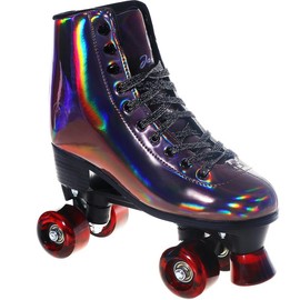 JajaHoho Roller Skates for Women, Black Holographic High Top PU Leather Rollerskates, Shiny Double-Row Four Wheels Quad Skates for Girls and Age 8-50 Indoor Outdoor (Golden Black) - Color: Golden Black, Size: US 6