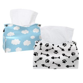 2 Pack Tissue Box Cover Holder, Cat Paw Fish Bone Dog Salmon Rectangle Leather Tissue Case, Decorative Organizer for Tabletop, Bathroom, Car, Office
