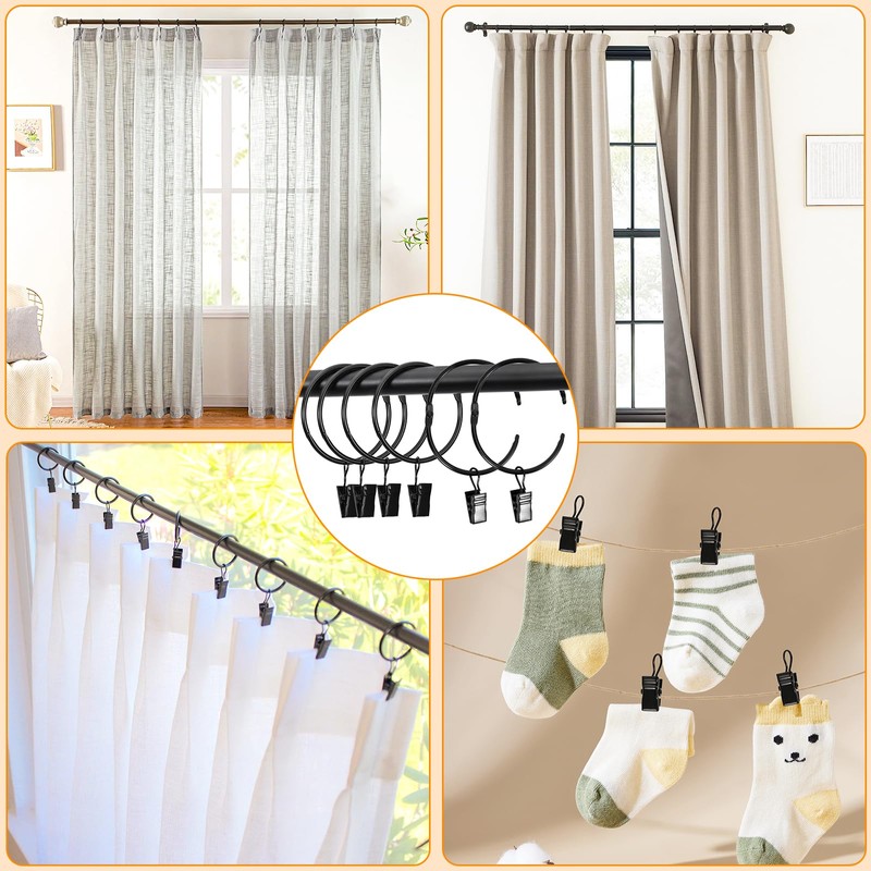 34 PCS Openable Curtain Rings with Clips, 1.25-Inch Inner Diameter