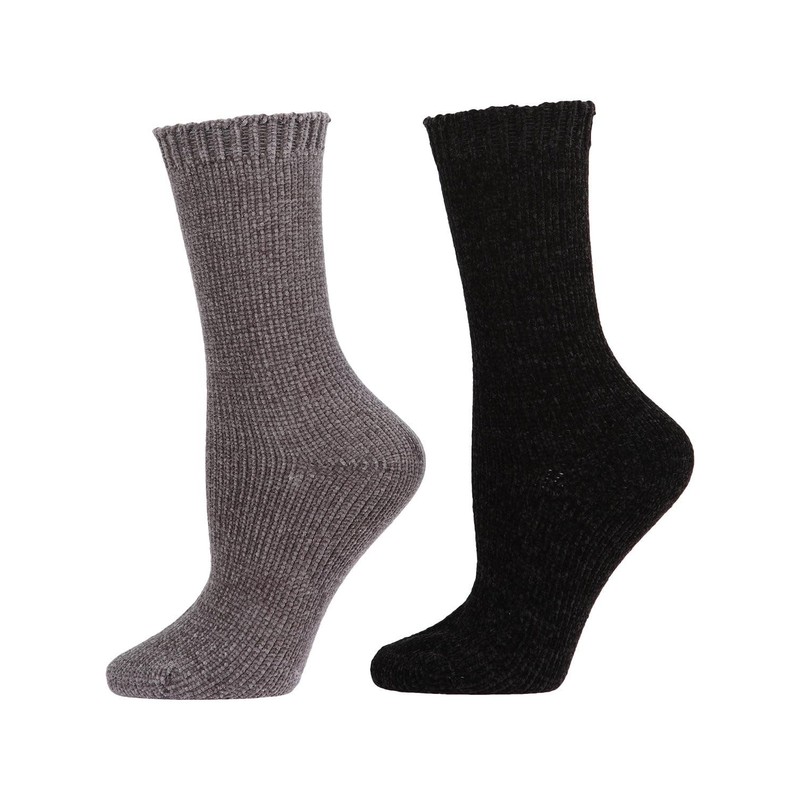 MeMoi Solid Chenille Crew Sock 2 Pair Pack Black-Gray 9-11