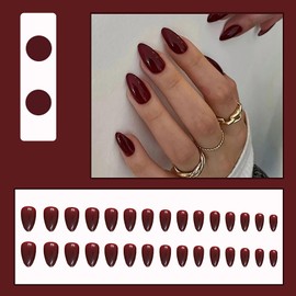 Rchovsam Medium Almonds Press on Nails Solid Red False Nails Pure Red Acrylic Artificial Fake Nail with Design Glue on Nails Full Cover Stick on Nails for Womens 24pcs